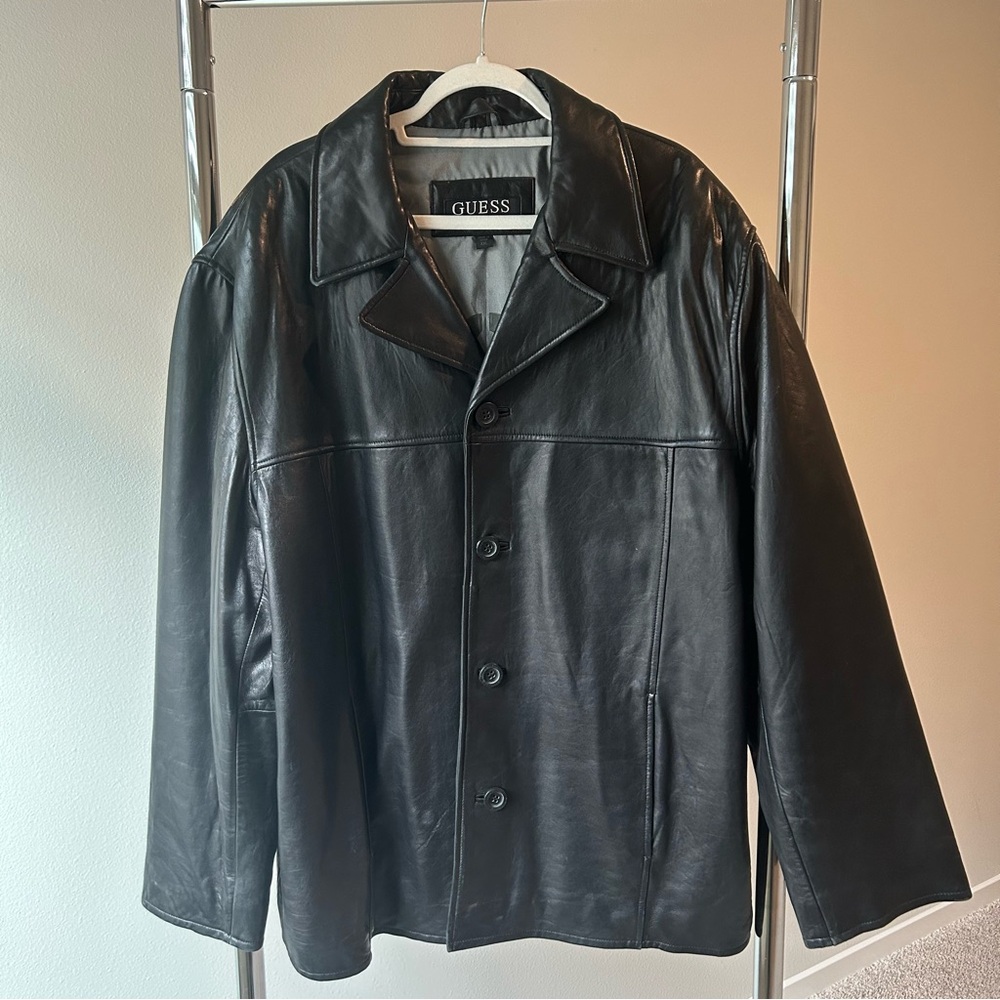 GUESS Men's Genuine Leather Jacket Size XXL in Black Classic Style GUC